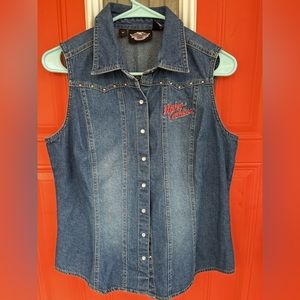 Harley Davidson Women’s Pearl Snap Studded Denim Vest Tank Top Shirt Size M
